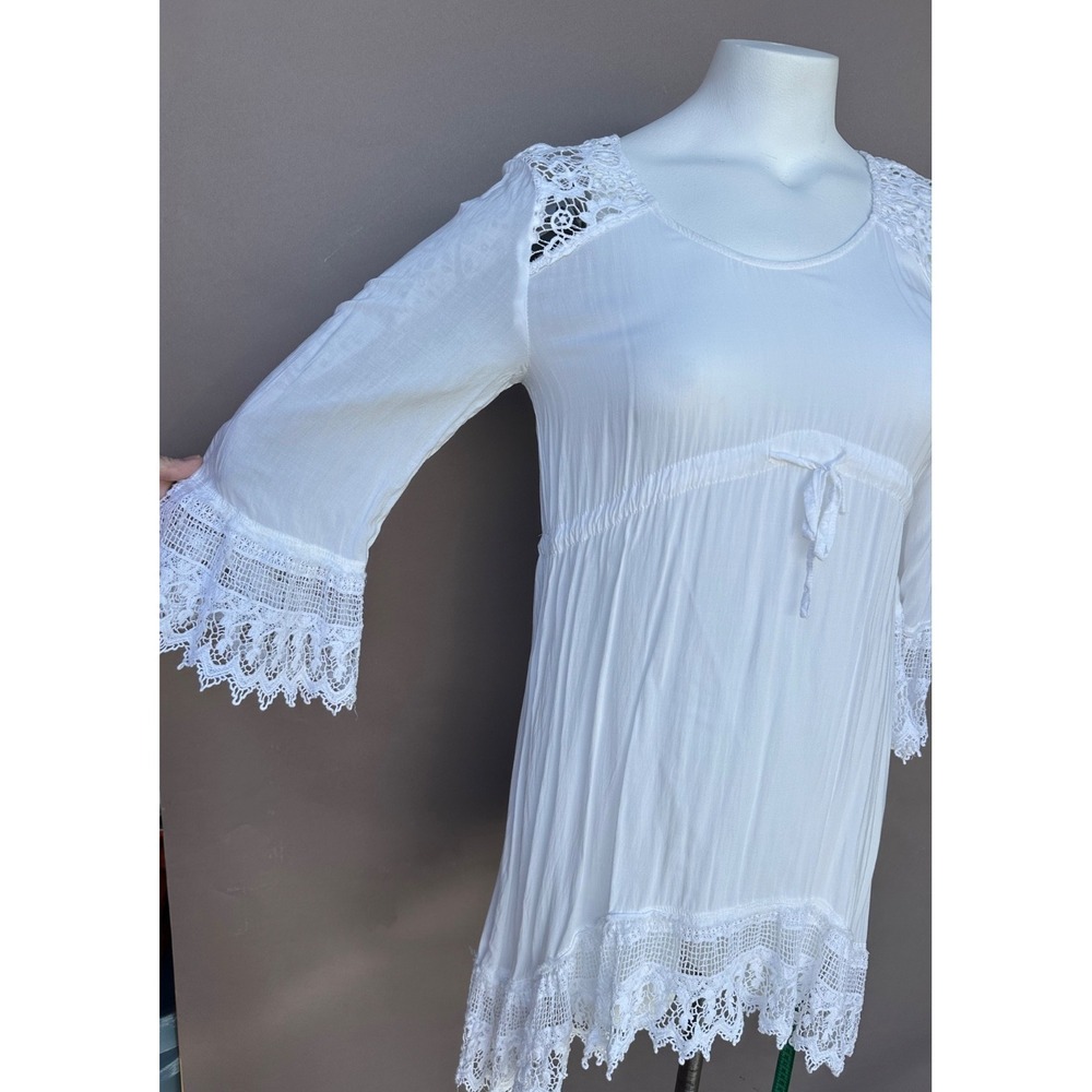 Mlle Gabrielle Dress M 3/4 Sleeve Tie Waist Crocheted Trim‎ Boho Coastal Fairy - Picture 3 of 14